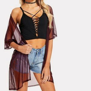 Burgundy Mesh Short Sleeve Kimono Sz S